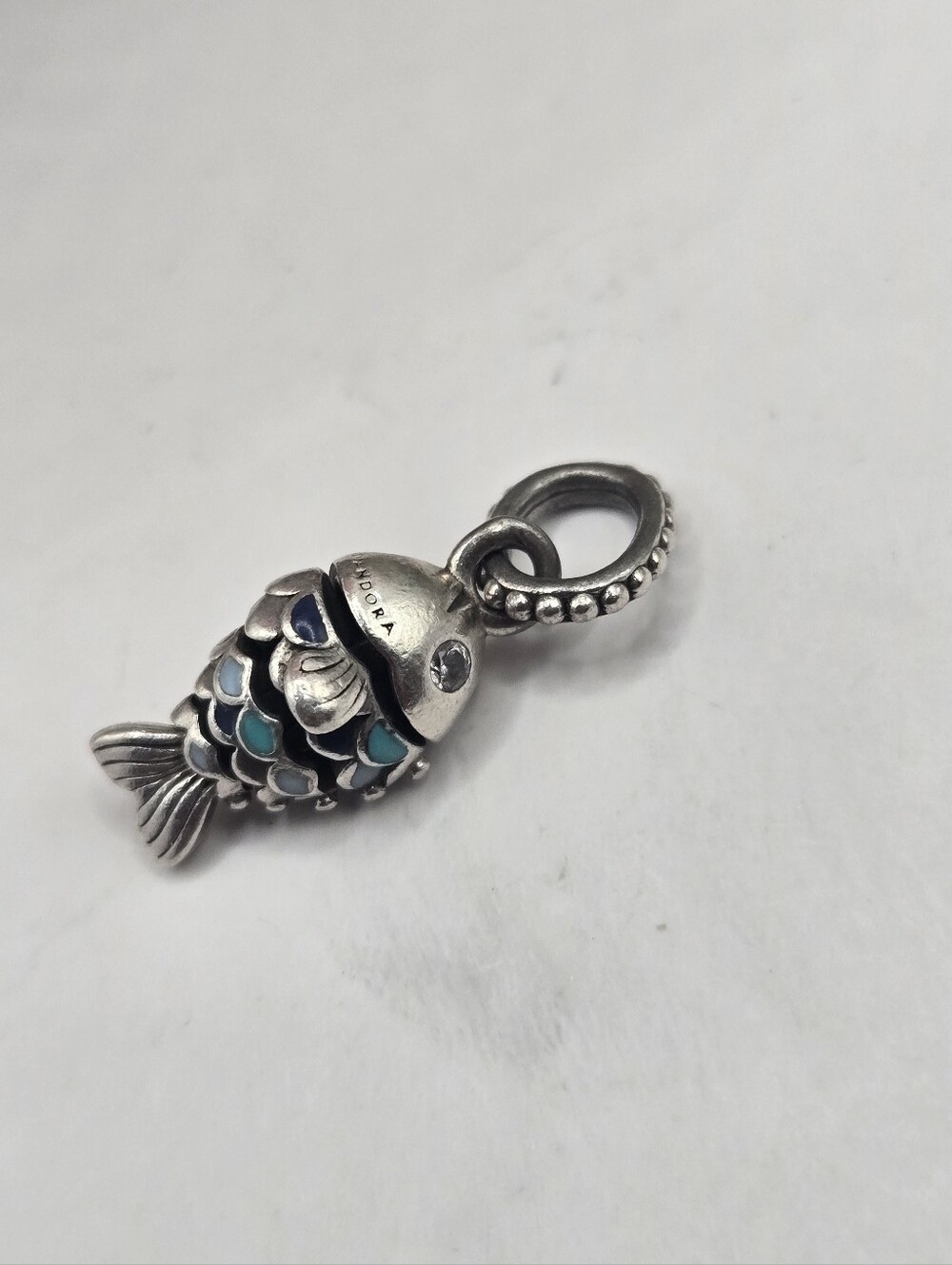 Pandora Silver Fish Charm with Blue and Teal Enamel Accents